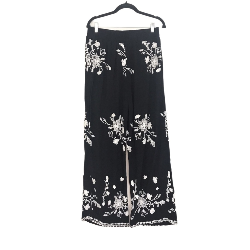 LIV Los Angeles Womens Boho Wide Leg Floral Embroidered Pants Festival Resort-L
